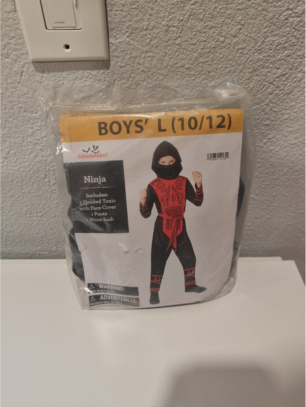 Boys' Ninja Costume Size L (10/12) - Hooded Tunic, Face Mask